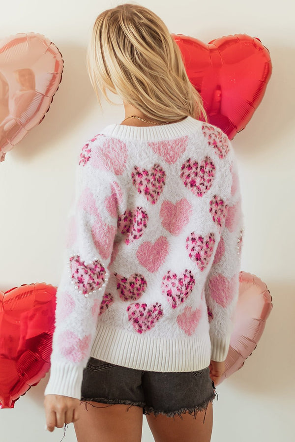 Pink Heart Leopard Print Pearled Ribbed Trim Fuzzy Sweater - Haven of Happiness