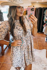 Beige Floral Puff Short Sleeve Empire Waist Mini Dress