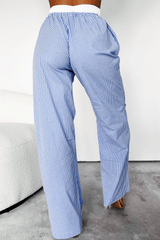 Sky Blue Stripe Wide Leg Buttoned Lace up Elastic High Waist Pants - Haven of Happiness