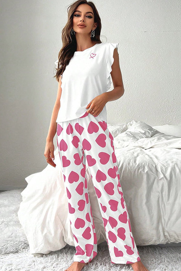 Pink Ruffled Tank Top And Heart Print Pants Lounge Set - Haven of Happiness