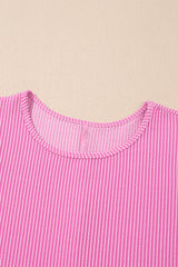 Bright Pink Corded Knit Crew Neck Puff Sleeve Shift Mini Dress