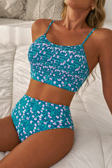 Blue Floral Print Smocked Cute Bikini Set