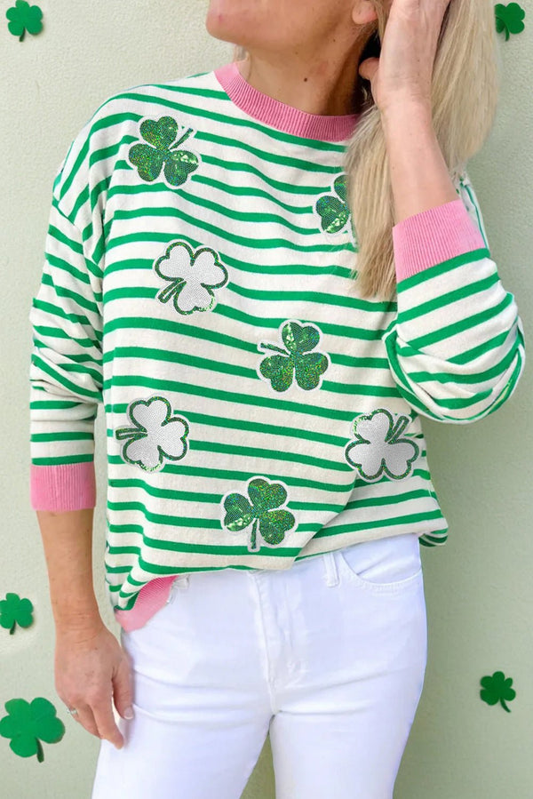 Bright Green Striped Sequin Clover Graphic Colorblock Long Sleeve St Patrick Top - Haven of Happiness