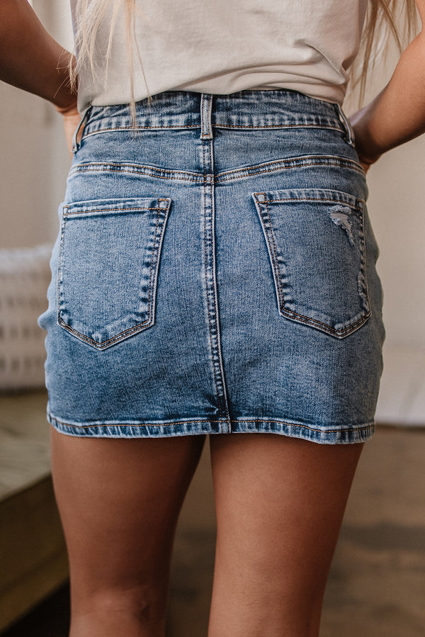 Dusk Blue Rhinestone Distressed Denim High Waist Mini Skirt