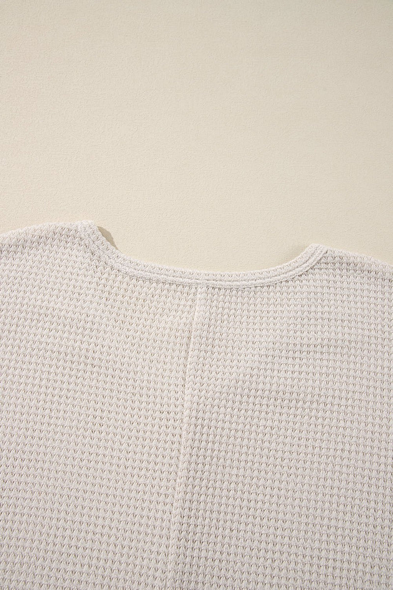 White Waffle Knit Side Slits Loose Fit V Neck Top - Haven of Happiness