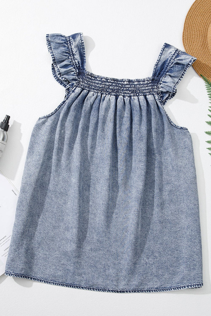 Ashleigh Blue Ruffled Shirred Neckline Sleeveless Denim Tank Top - Haven of Happiness