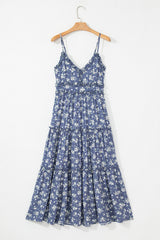 Blue Floral Spaghetti Strap Frilled V Neck Tiered Midi Dress