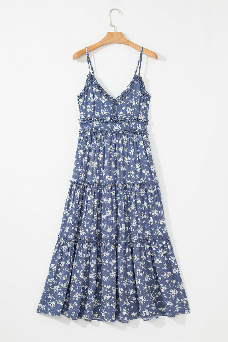 Blue Floral Spaghetti Strap Frilled V Neck Tiered Midi Dress