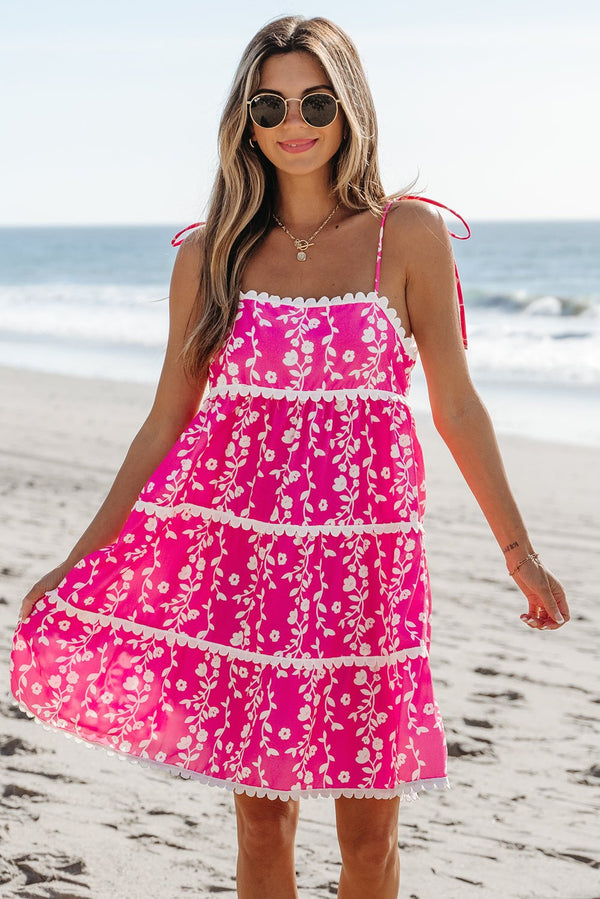 Pink Floral Print Ric Rac Patched Sleeveless Mini Dress - Haven of Happiness