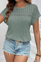 Mist Green Lace Patchwork Waffle Short Sleeve Top - Haven of Happiness