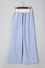 Sky Blue Stripe Wide Leg Buttoned Lace up Elastic High Waist Pants - Haven of Happiness