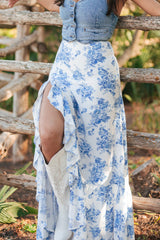 Sky Blue Boho Floral High Waist Ruffle Split Maxi Skirt