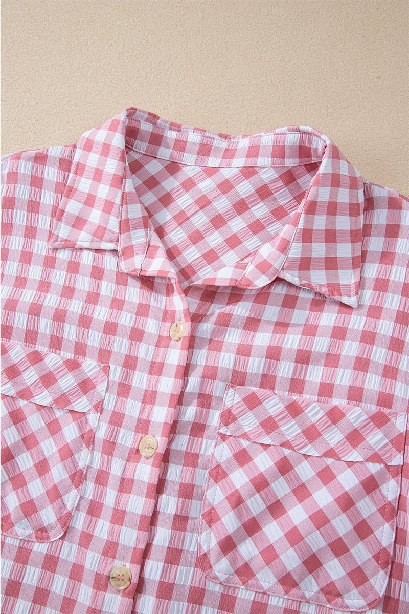 Pink Gingham Print Chest Pockets Buttoned Collared Shirt - Haven of Happiness