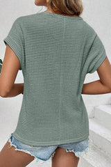 Mist Green Lace Patchwork Waffle Short Sleeve Top - Haven of Happiness