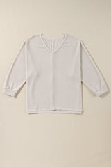 White Waffle Knit Side Slits Loose Fit V Neck Top - Haven of Happiness