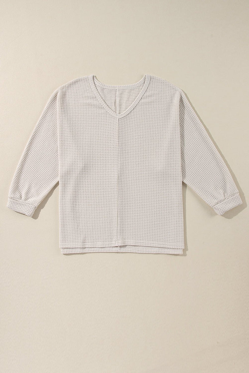 White Waffle Knit Side Slits Loose Fit V Neck Top - Haven of Happiness