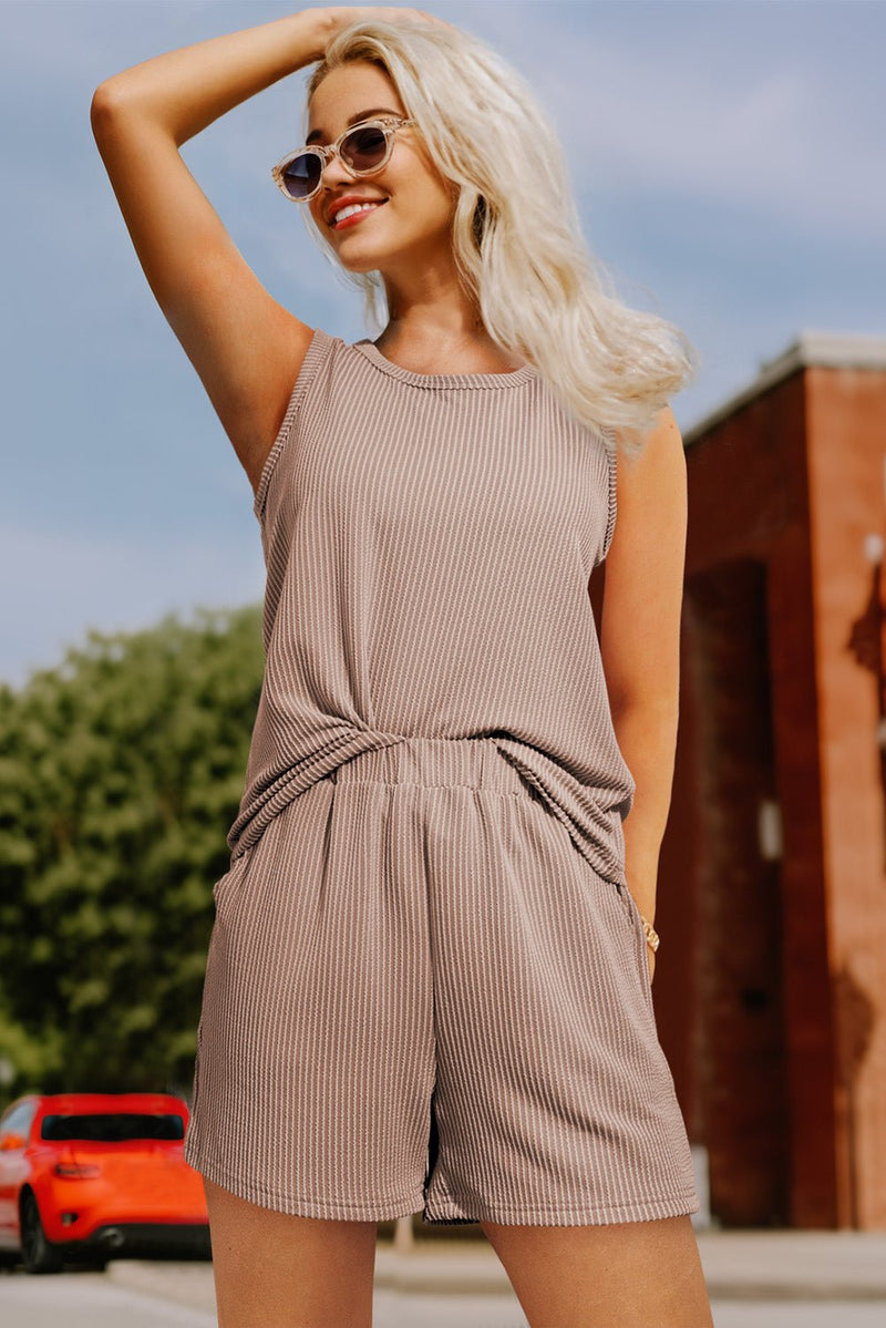 Smoke Gray Corded Sleeveless Top and Pocketed Shorts Set - Haven of Happiness