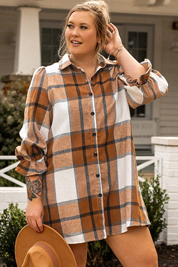 Khaki Plus Size Plaid Flounce Sleeve Button up Shirt Dress - Haven of Happiness