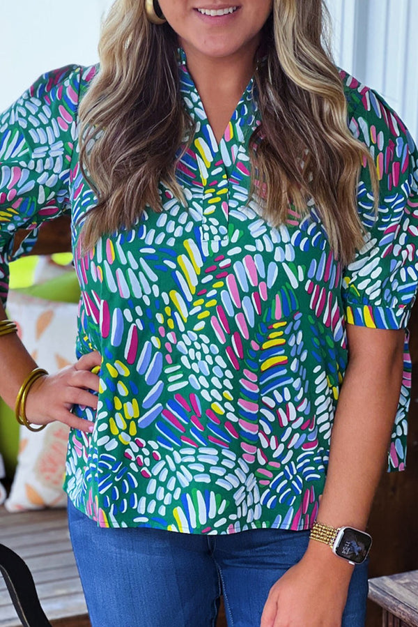 Green Abstract Print Knotted Short Sleeve Plus Size Blouse - Haven of Happiness