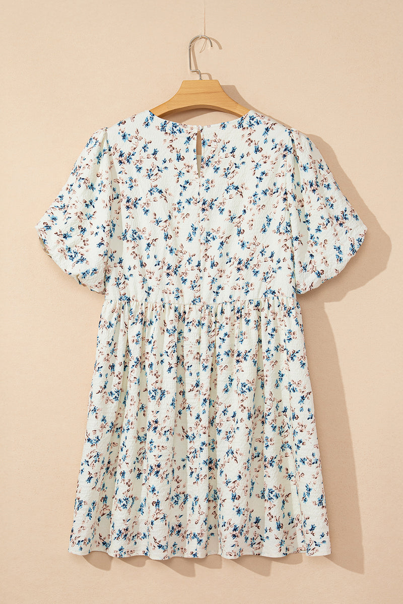 Beige Floral Puff Short Sleeve Empire Waist Mini Dress