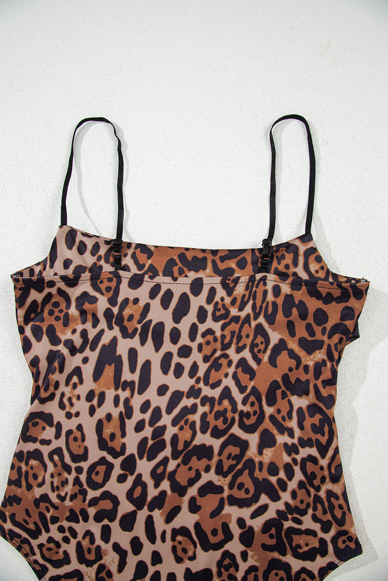 Brown Spaghetti Straps Ruched Leopard Bodysuit