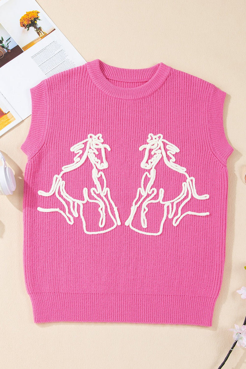 Bright Pink Western Horse Embroidered Round Neck Sweater Tee - Haven of Happiness