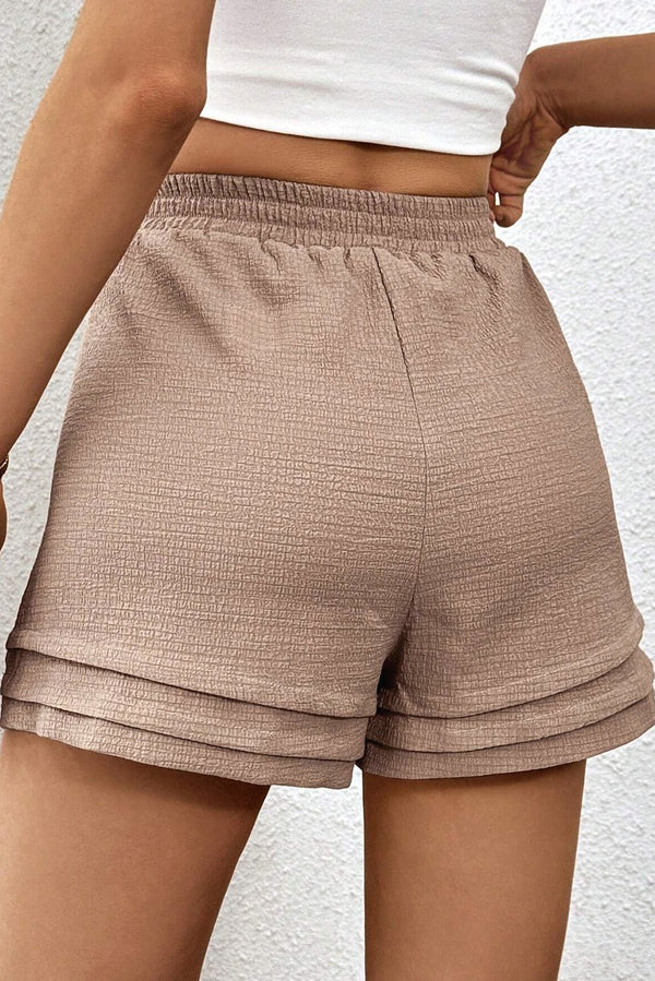 Straw Yellow Textured Tiered Edge High Waist Casual Shorts - Haven of Happiness