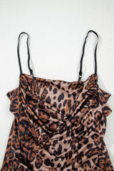 Brown Spaghetti Straps Ruched Leopard Bodysuit