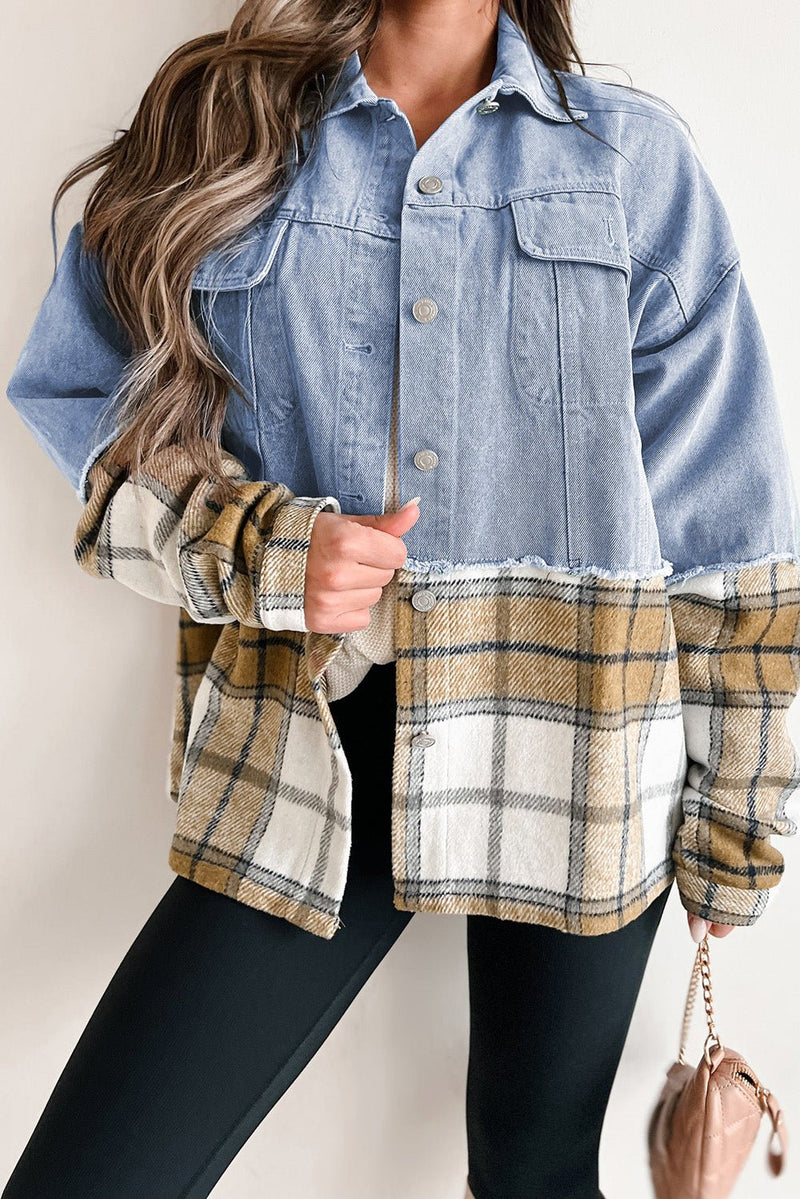 Khaki Plaid Patchwork Buttoned Oversized Denim Jacket - Haven of Happiness