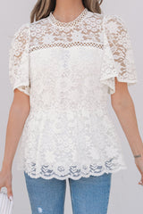 White Short Sleeve Scalloped Floral Lace Peplum Blouse - Haven of Happiness