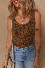 Brown Leopard Printed Sleeveless Scoop Neck Bodysuit - Haven of Happiness