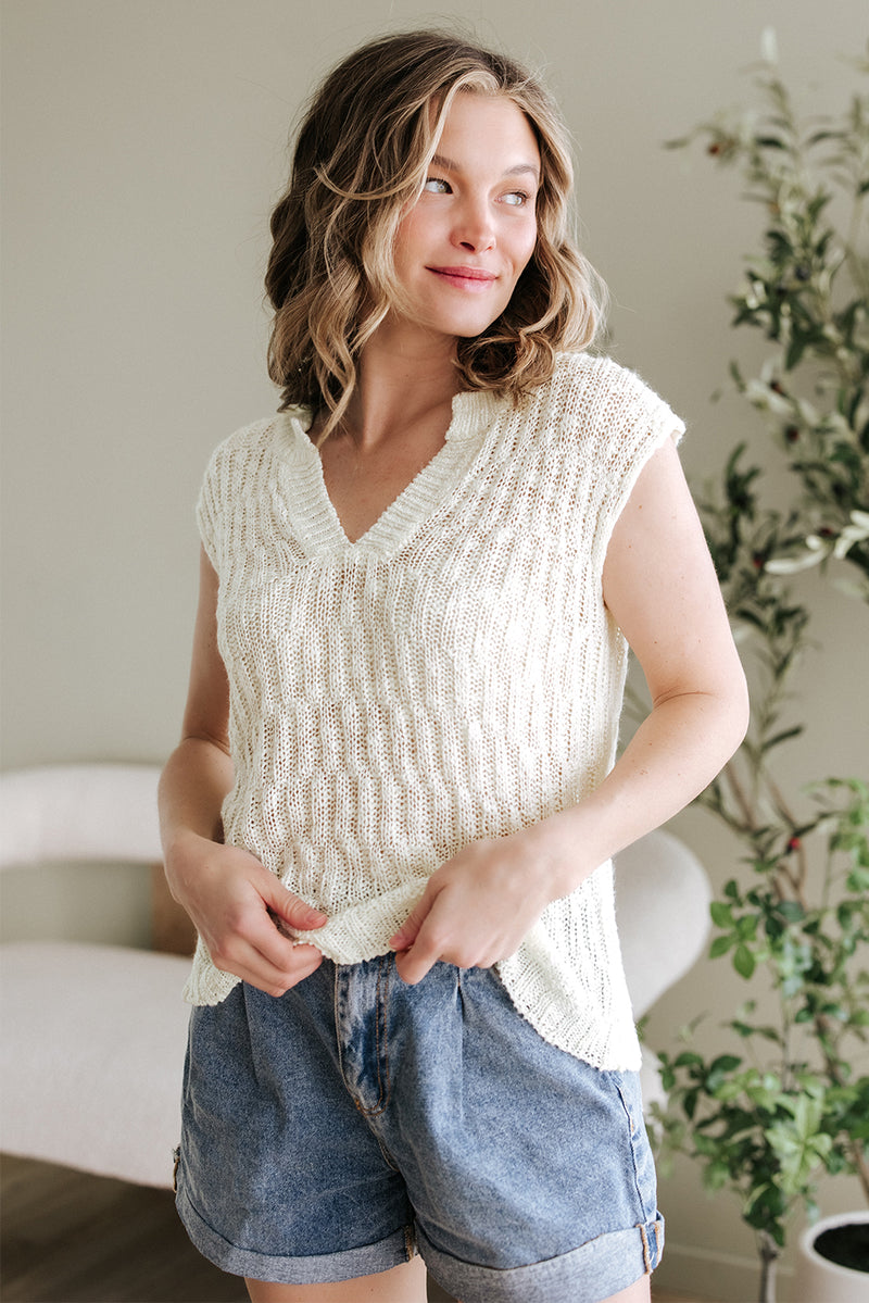 Beige Notched V Neck Short Sleeve Sweater