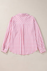 Pink Gingham Print Chest Pockets Buttoned Collared Shirt - Haven of Happiness