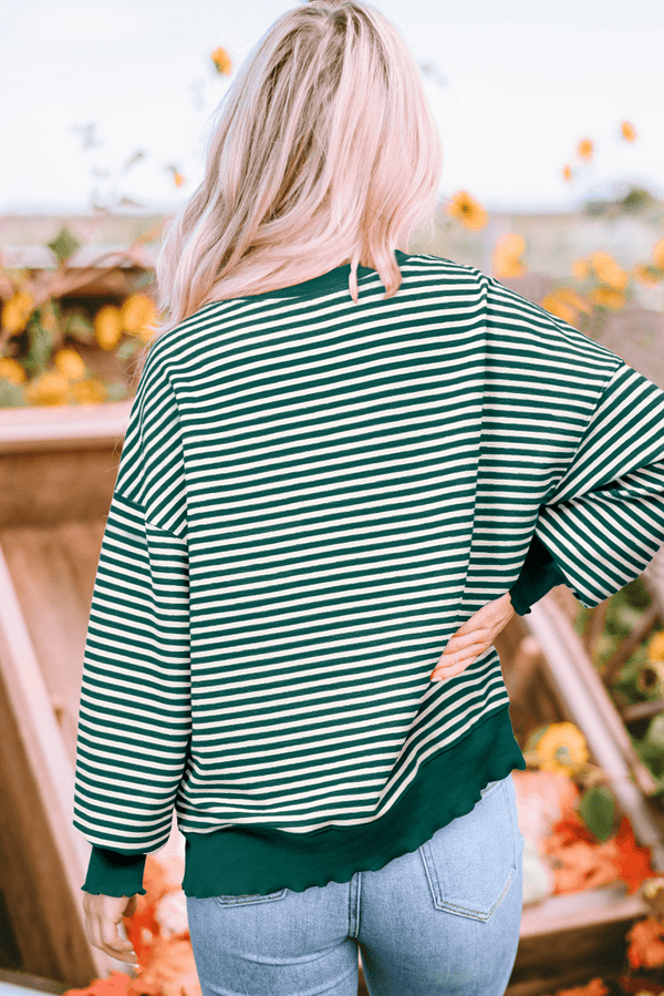 Green Stripe Chenille LUCKY Patched Pattern St Patrick Long Sleeve Top - Haven of Happiness