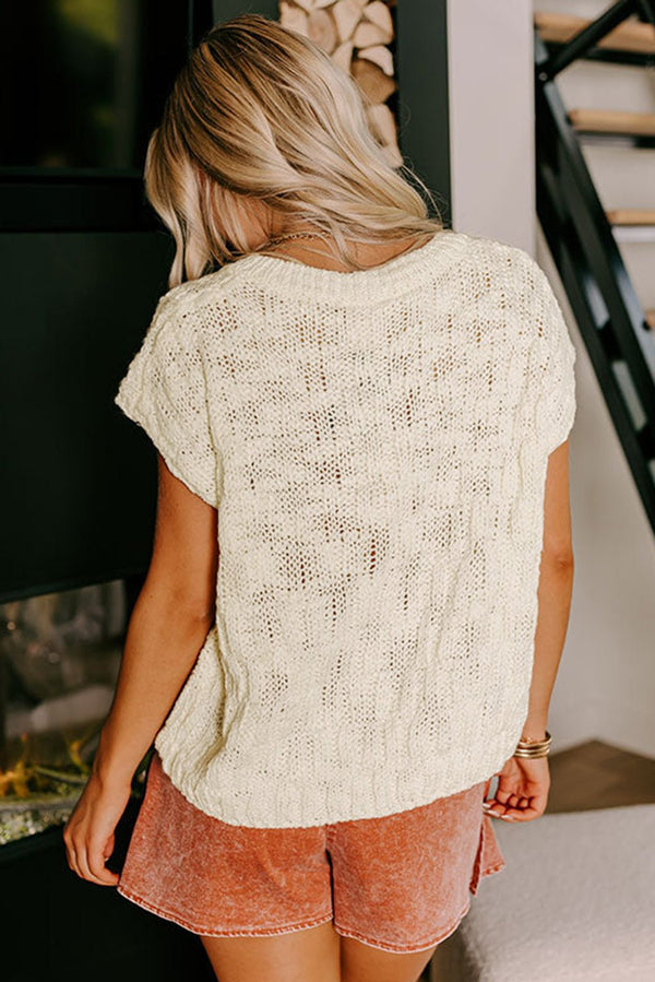 Beige Notched V Neck Short Sleeve Sweater - Haven of Happiness