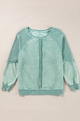 Mineral Blue Solid Waffle Knit Patchwork Raglan Sleeve Sweatshirt - Haven of Happiness