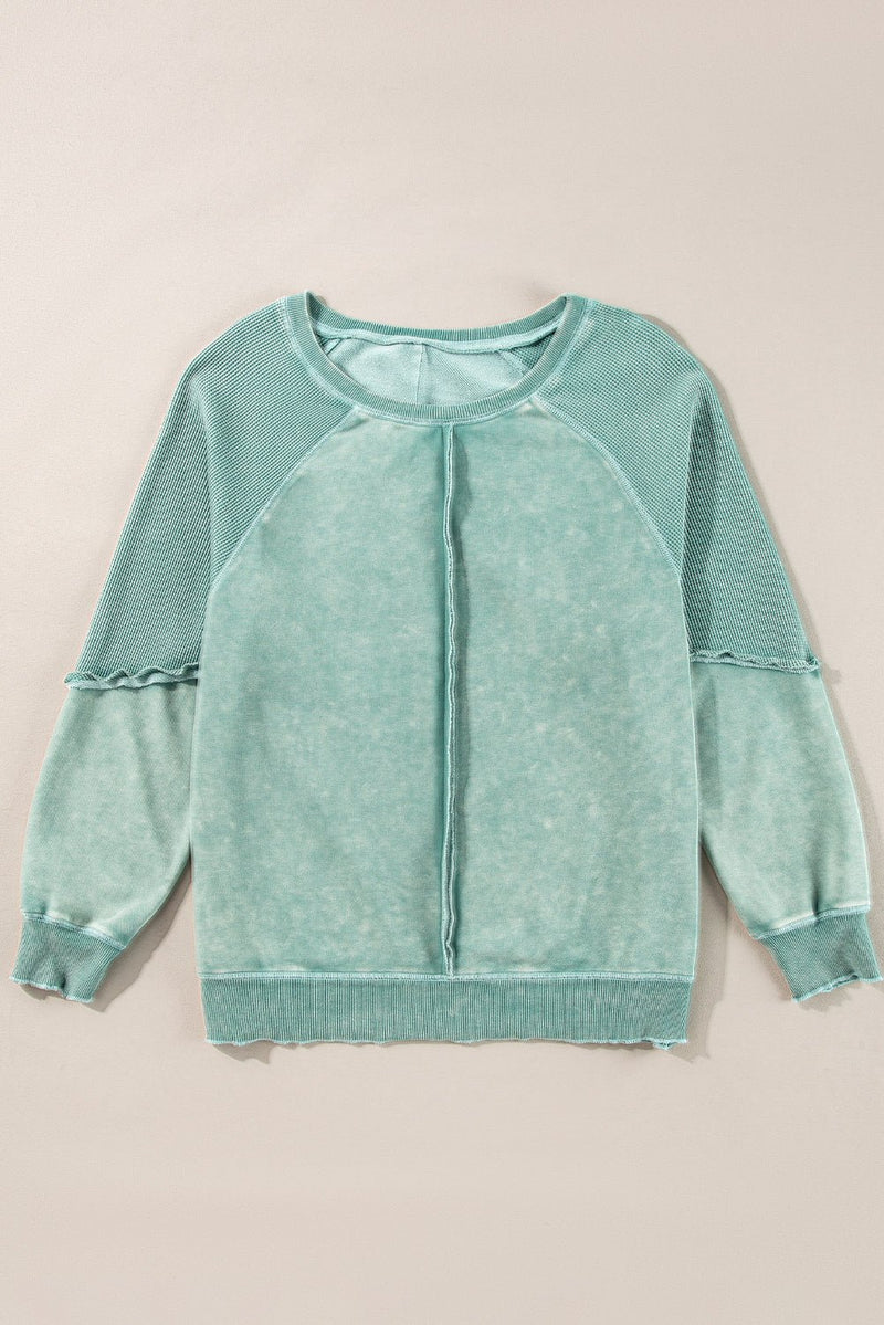 Mineral Blue Solid Waffle Knit Patchwork Raglan Sleeve Sweatshirt - Haven of Happiness