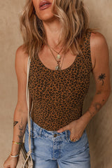 Brown Leopard Printed Sleeveless Scoop Neck Bodysuit - Haven of Happiness