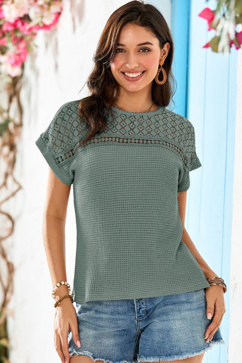 Mist Green Lace Patchwork Waffle Short Sleeve Top - Haven of Happiness