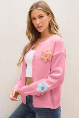 Pink Cute Knitted Floral Pattern Button Up Cardigan