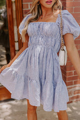 Sky Blue Stripe Bubble Sleeve Square Neck Ruched Pocketed Babydoll Dress - Haven of Happiness