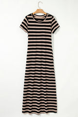 Black Stripe Casual Round Neck T-shirt Maxi Dress with Pockets