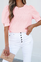 Pink Flower Geometric Textured Button Short Sleeve Top