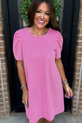 Bright Pink Corded Knit Crew Neck Puff Sleeve Shift Mini Dress