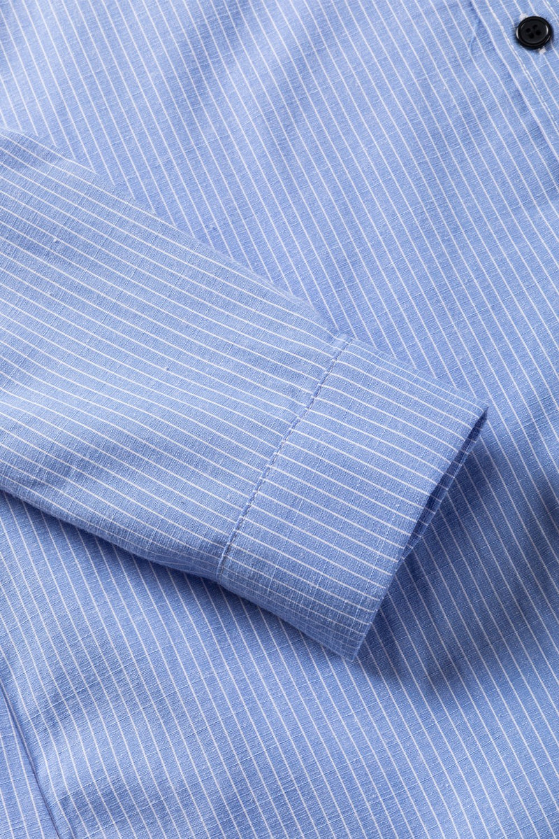 Sky Blue Stripe Roll - tab Sleeve Pocketed Long Shirt - Haven of Happiness