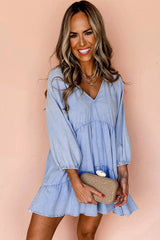 Beau Blue Puff Sleeve V Neck Tiered Ruffled Chambray Mini Dress - Haven of Happiness