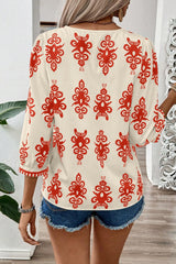 Orange Vintage Geometric Printed 3/4 Sleeve V Neck Blouse - Haven of Happiness