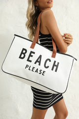 White BEACH PLEASE Print Large Canvas Tote Bag - Haven of Happiness