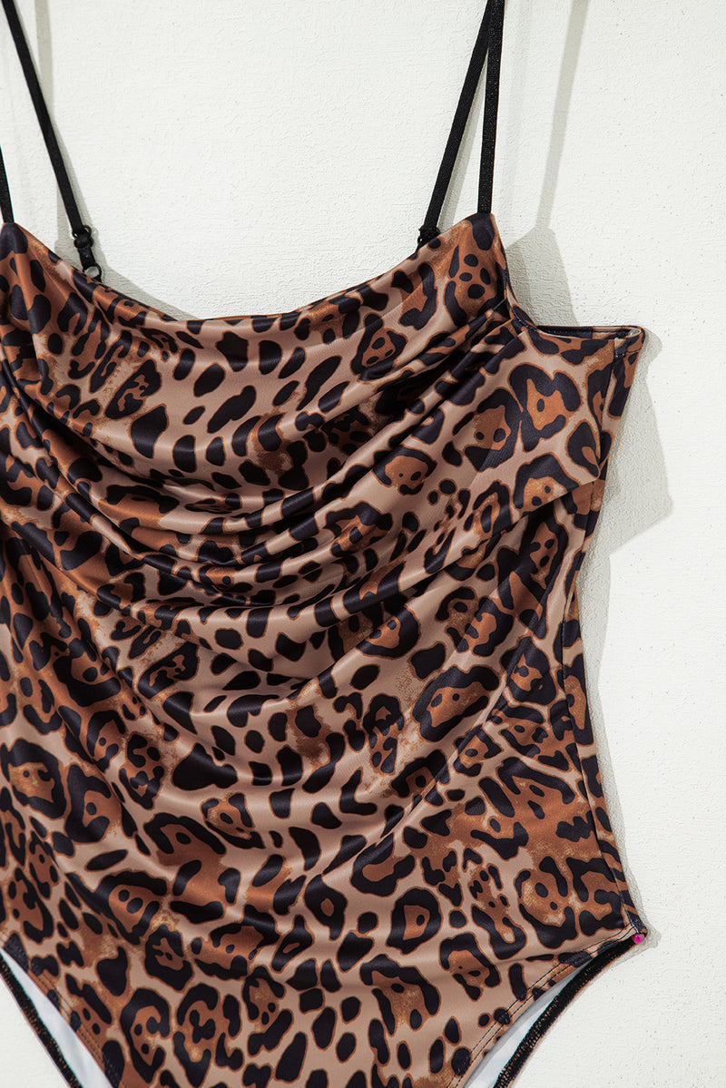 Brown Spaghetti Straps Ruched Leopard Bodysuit