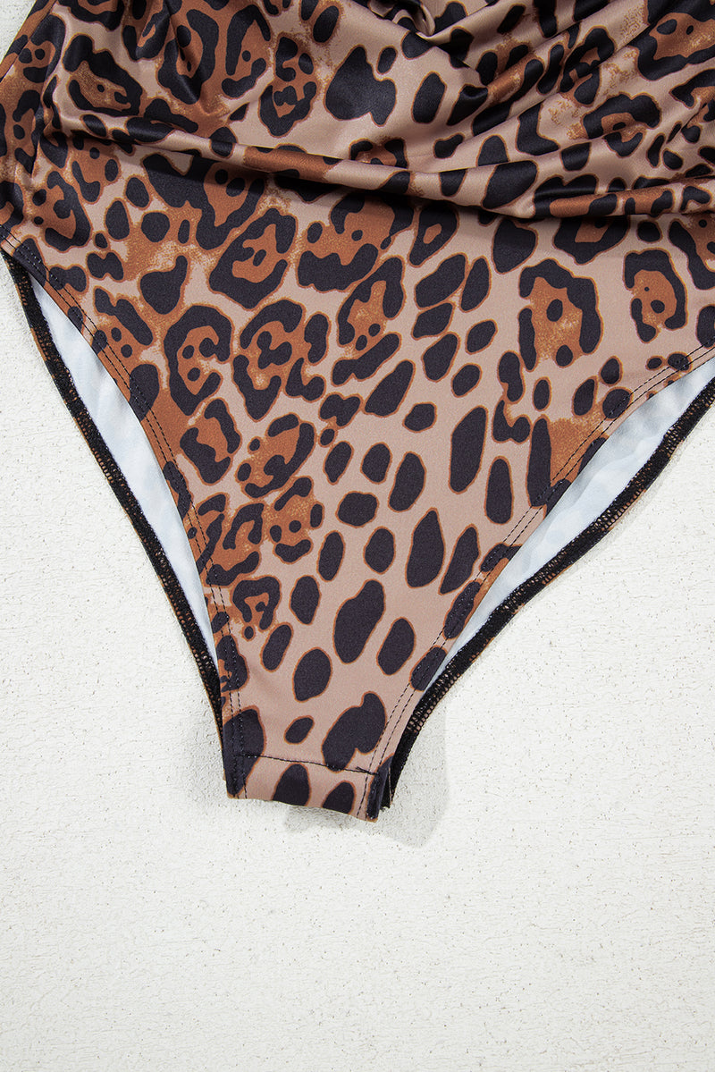 Brown Spaghetti Straps Ruched Leopard Bodysuit